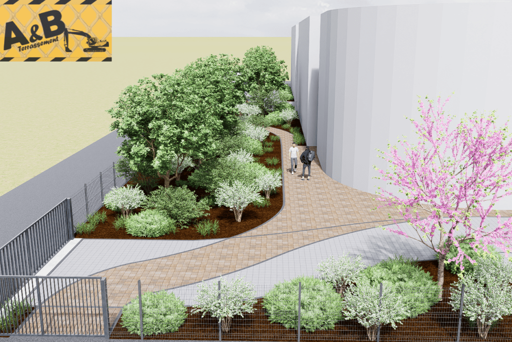 Projection 3D des futurs espaces paysagers du CFAI de Reichshoffen avec plantations et cheminements