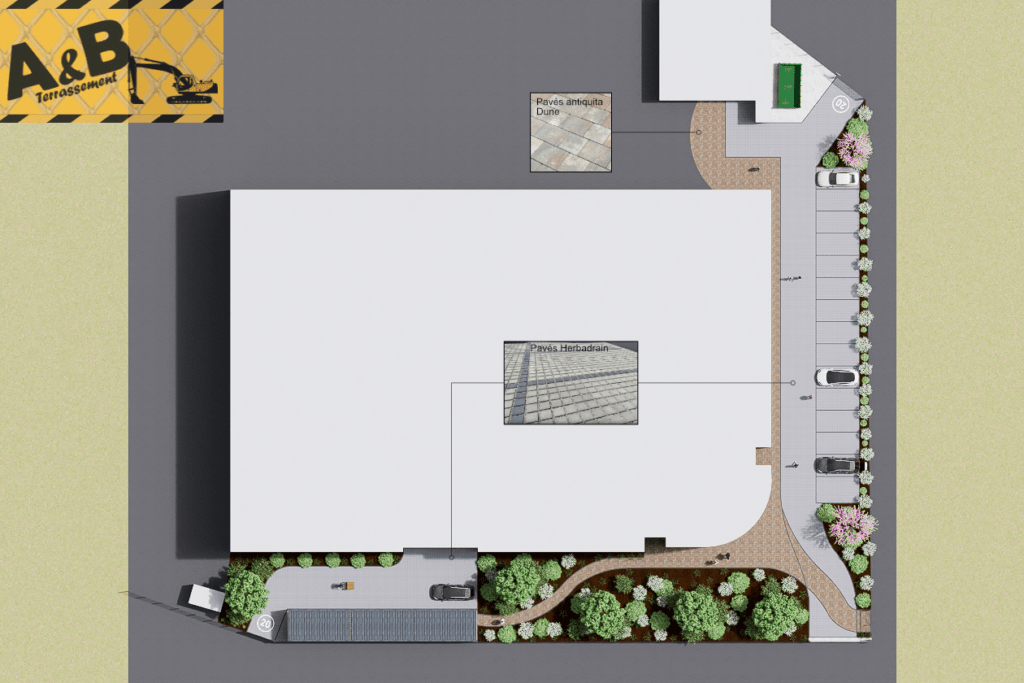 Plan 3D de l’aménagement extérieur du CFAI de Reichshoffen avec pavage, stationnement et espaces paysagers